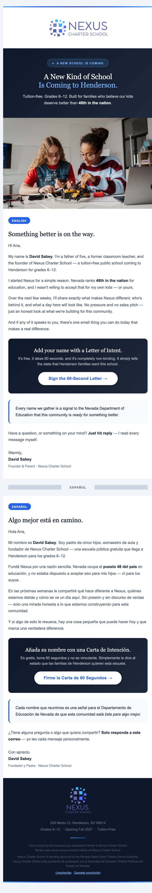 Nexus Charter School bilingual nurture email